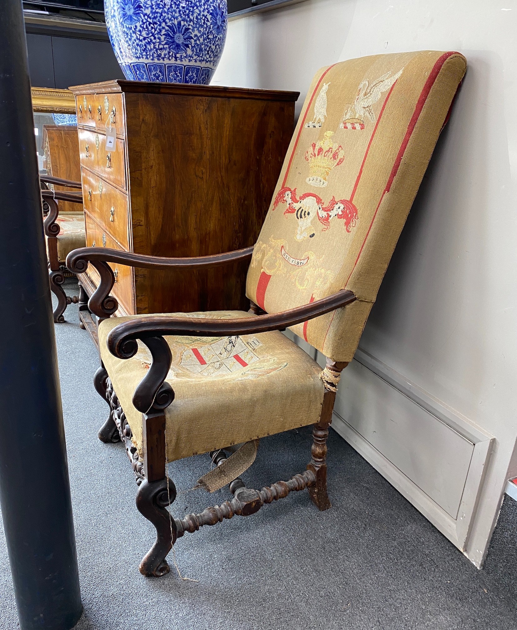 A pair of Carolean style walnut armchairs, width 61cm, depth 83cm, height 116cm